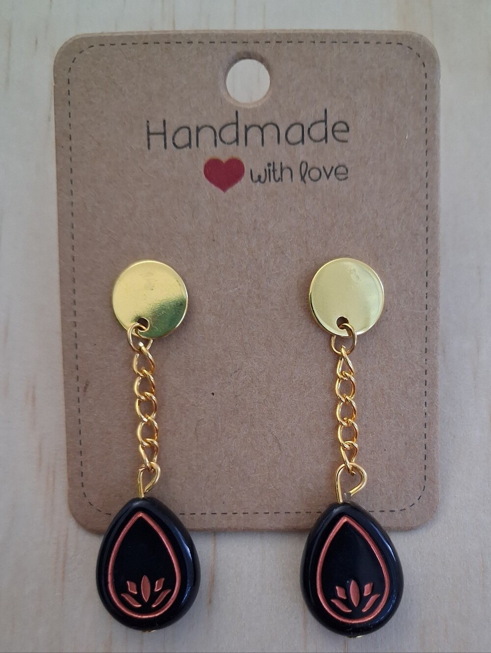 Handmade Gold Chain Drop Earrings with Black and Copper Teardrops